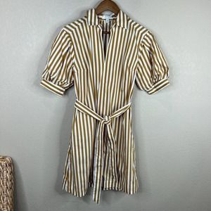 AYR Women's The Solstice Striped Dress Puff Sleeve White Brown Size M